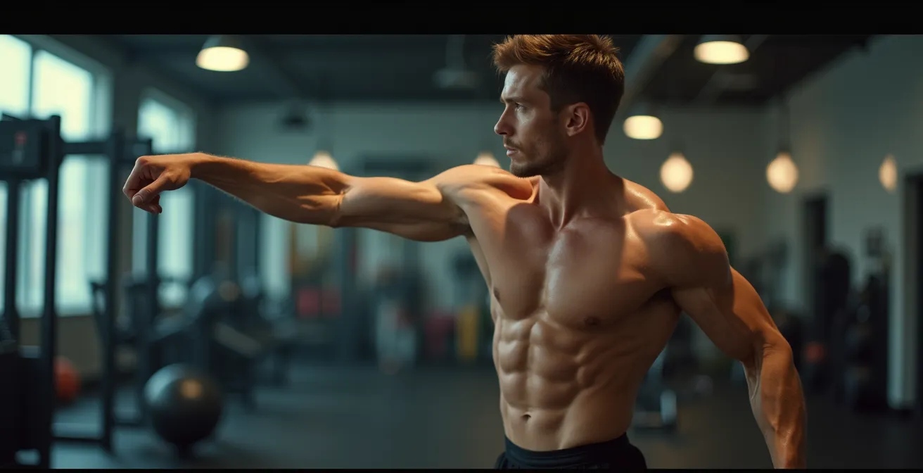 Vue latérale d'un pratiquant montrant l'engagement complet du corps pendant une frappe