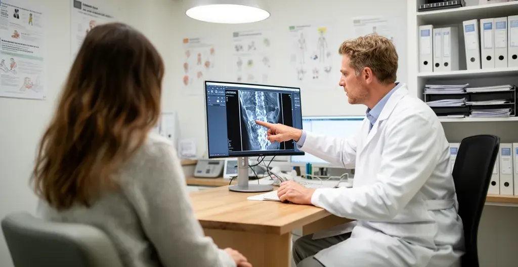 Chirurgien orthopédiste expliquant une radiographie du pied à une patiente en consultation