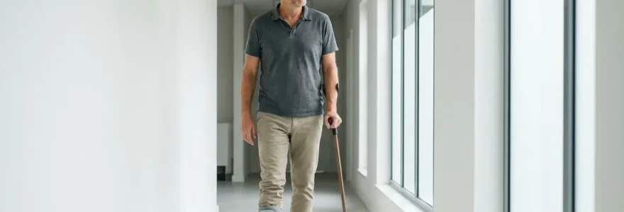 Patient marchant avec chaussure post-opératoire après chirurgie mini-invasive hallux valgus